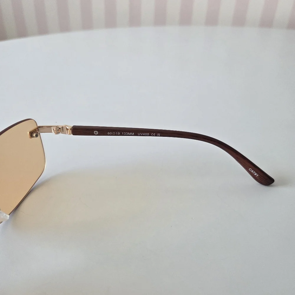 NWT Rimless Orange Tinted Gold Accent Wood Wayfare Sunglasses‎ UV 400 133mm